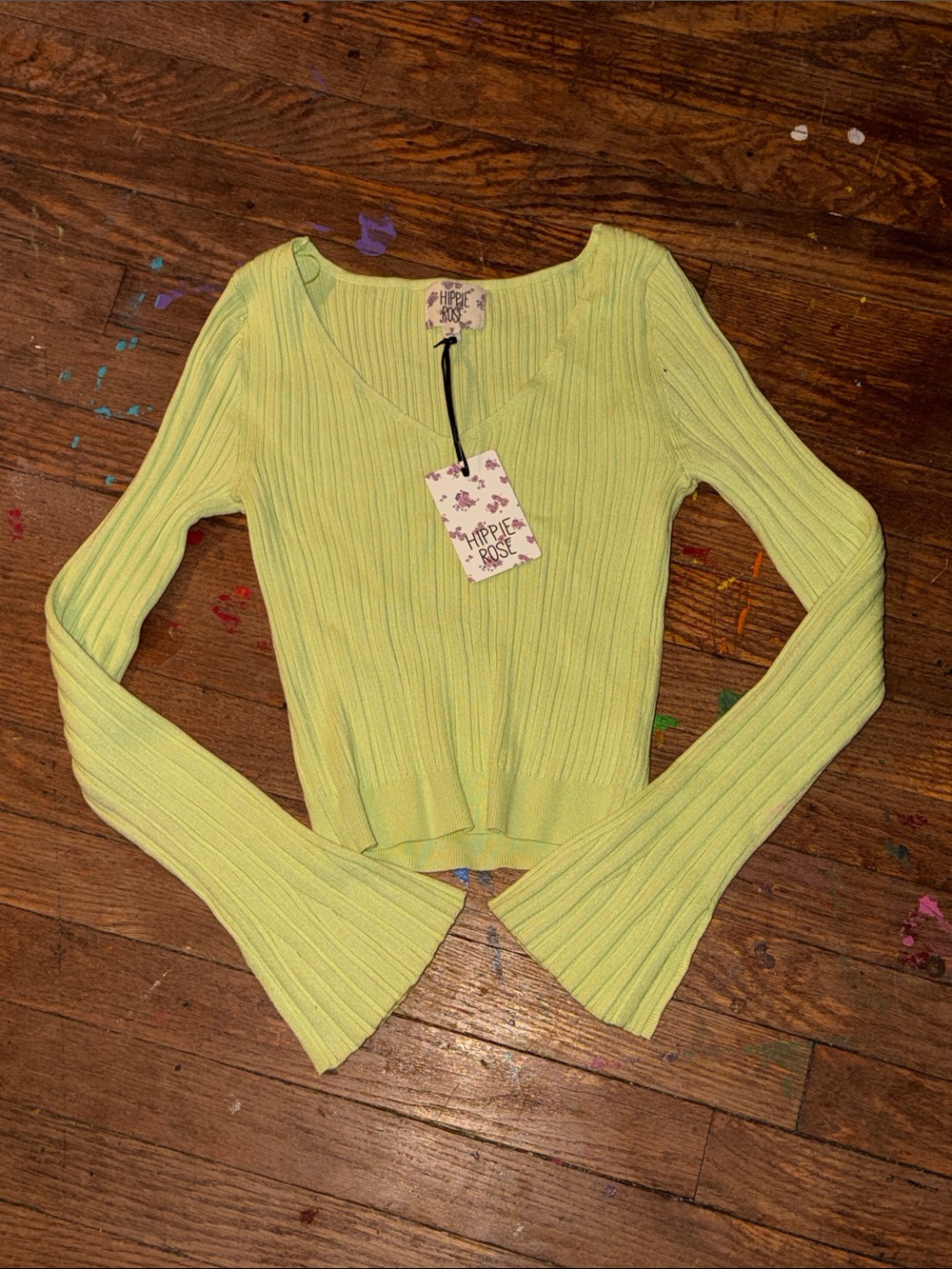 Hippie Rose Lime Ribbed V-Neck Long Sleeve Top with Flared Cuffs